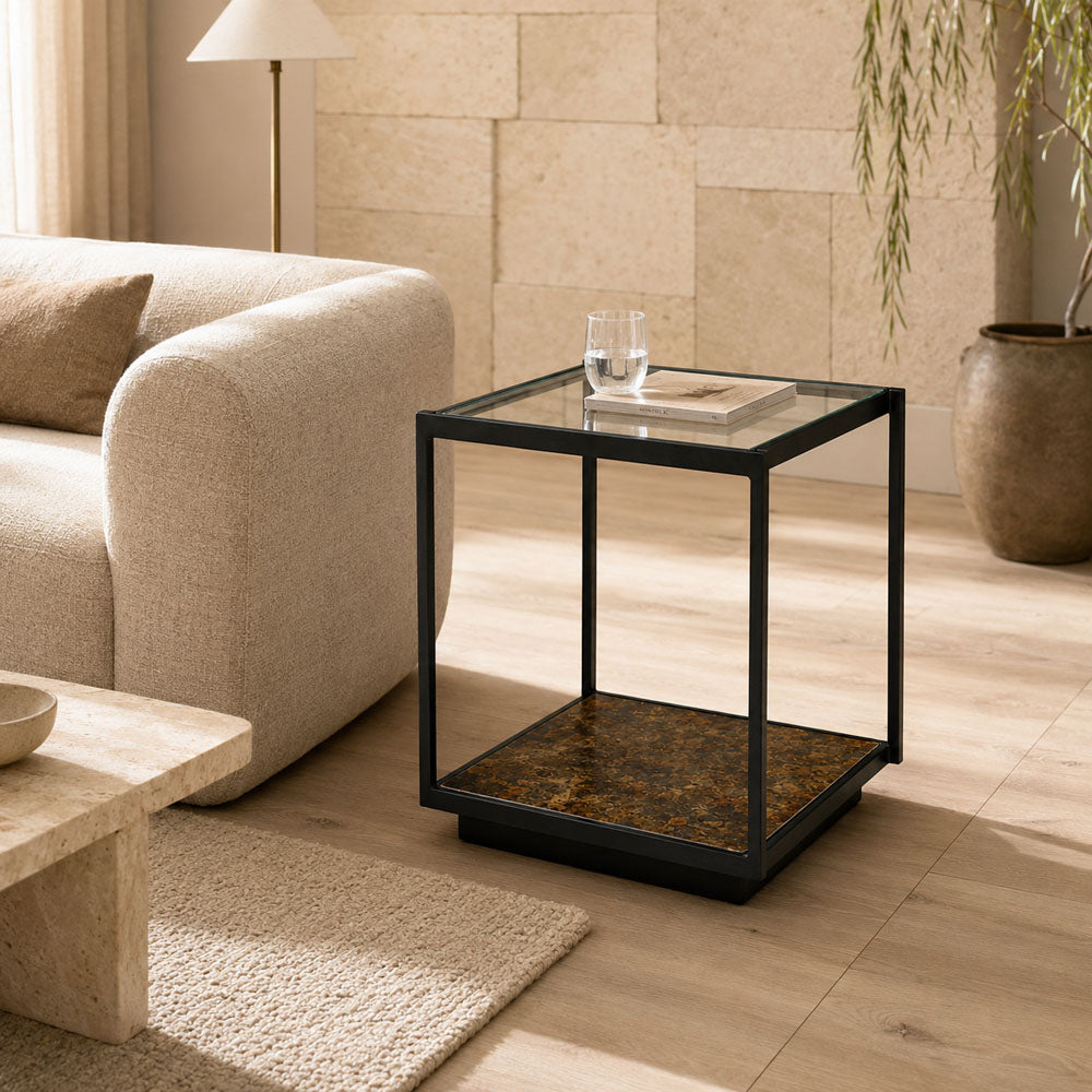 Luna Iron and Tempered Glass Side Table with Art Deco Style