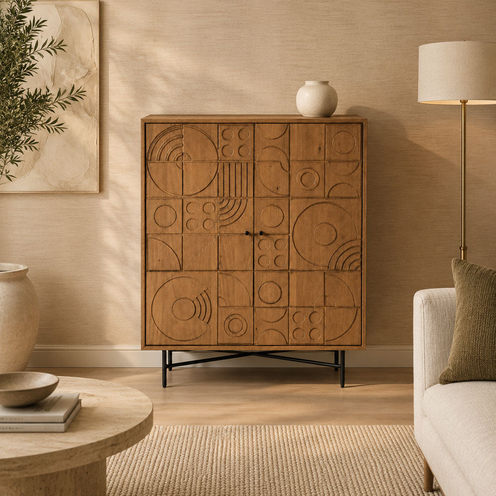 Stellan Mango Wood 2-Door Storage Cabinet - Industrial Mahogany Finish With Metal Legs