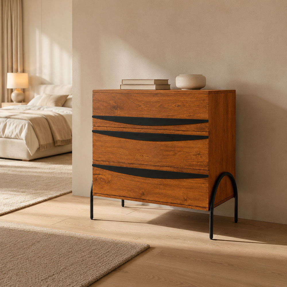 Dalton Mango Wood 3-Drawer Wooden Chest with Metal Legs - Honey Finish