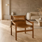 Liam Japandi Acacia Wood and PU Leather Minimalist Armchair