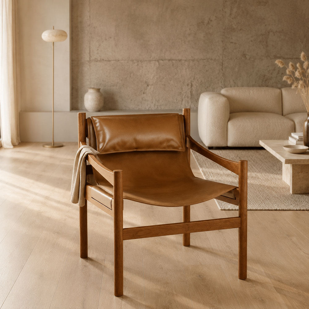 Liam Japandi Acacia Wood and PU Leather Minimalist Armchair
