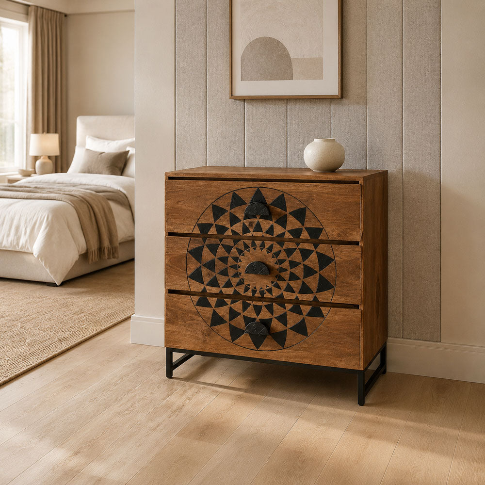 Coral Mango Wood 3-Drawer Chest with Kolam Art Pattern & Metal Legs