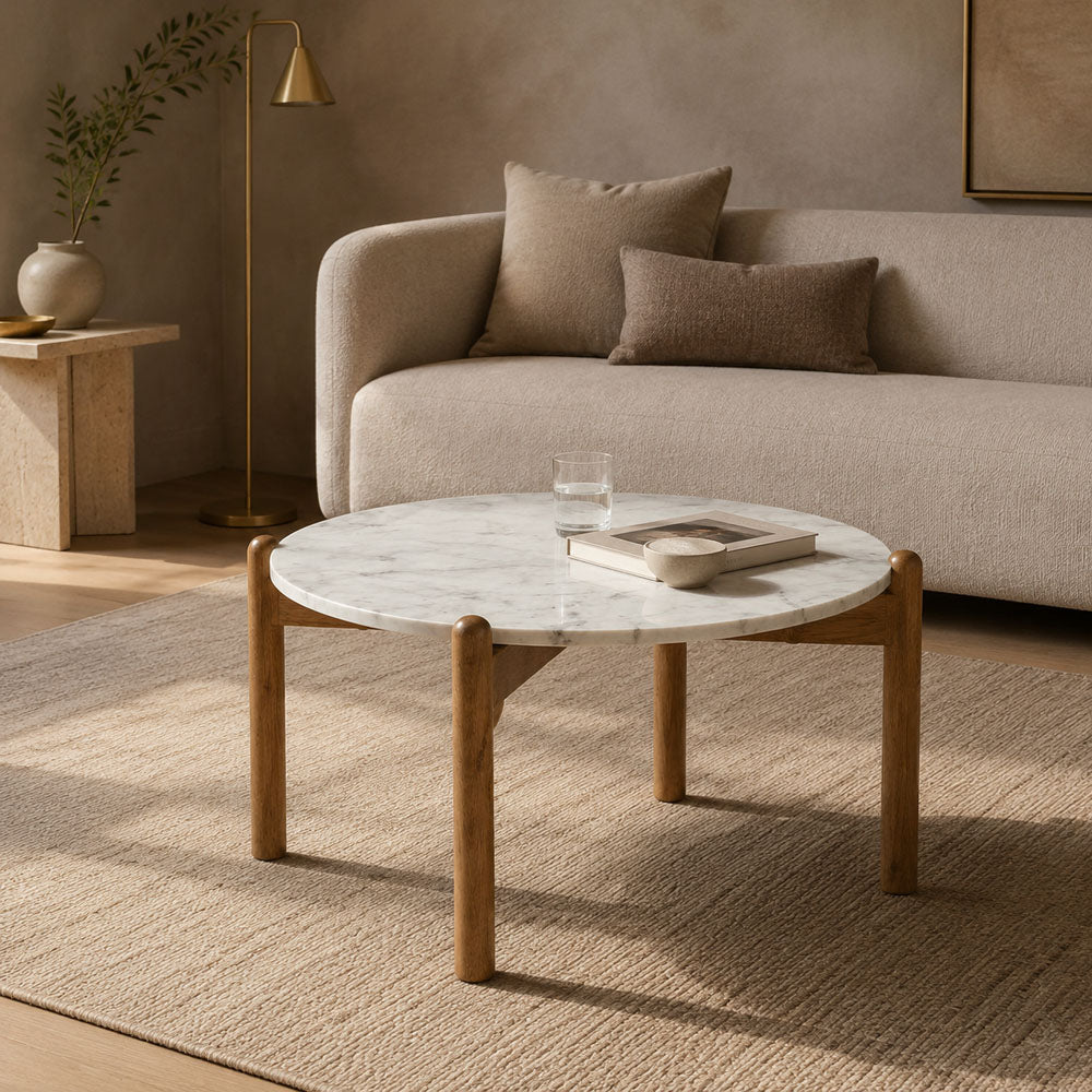 Cherie Scandinavian Mango Wood and White Marble Coffee Table - Natural
