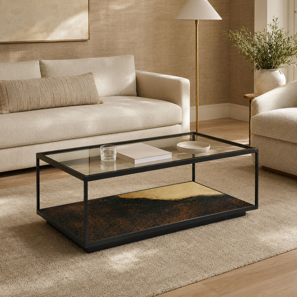 Stella Iron and Tempered Glass Coffee Table with Lower Shelf