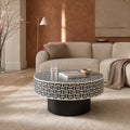 Serena Geometric Black and White Bone Inlay Coffee Table with Sleek Metal Base