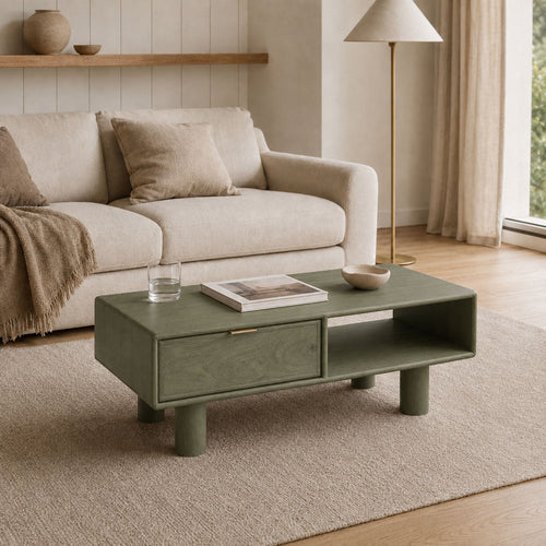 Aurelia Mango Wood Coffee Table with Hidden Drawer - Green Finish Japandi Style Accent Table