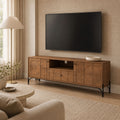 Stellan Mango Wood & Iron Industrial Media Unit with Geometric CNC-Cut Details