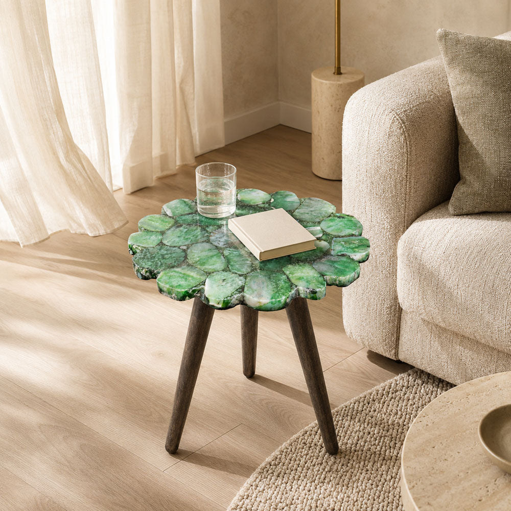 Tom Round Green Agate and Acacia Wood Accent Side Table