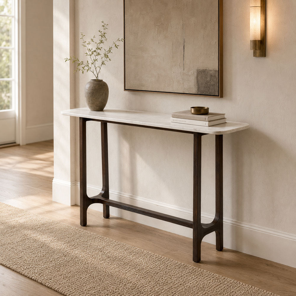 Colin Marble Console Table - White Marble Accent Table with Sculptural Iron Base