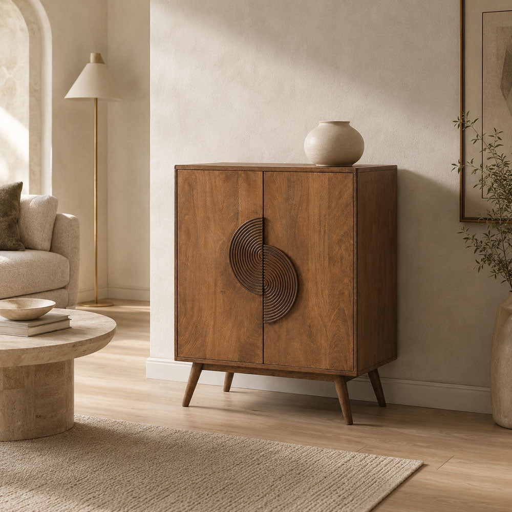 Dane Geometric Mango Wood Two Door Cabinet - Honey Finish Storage Cabinet
