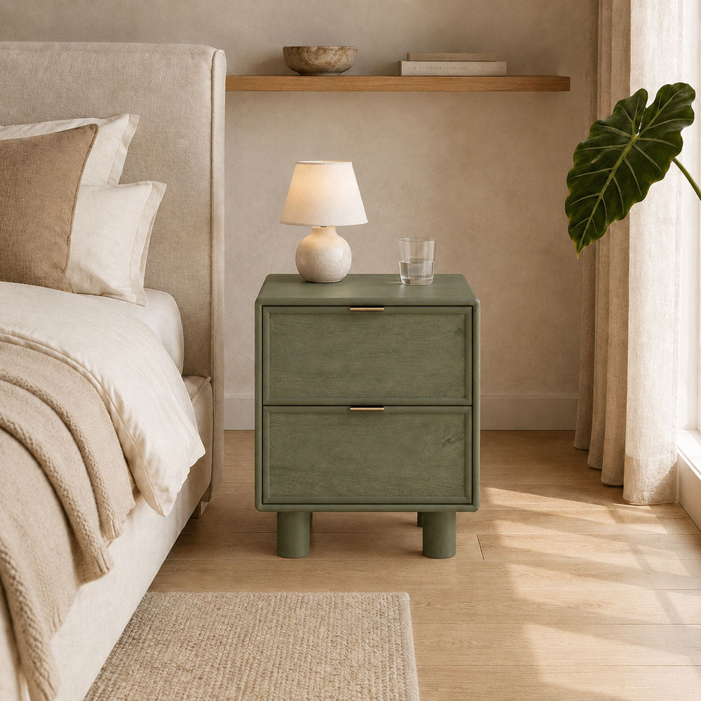 Aurelia Mango Wood 2-Drawer Bedside Table - Green Burl Veneer Nightstand