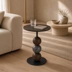 Julia Sculptural Mango Wood Side Table with Marble Accents and Walnut Finish