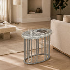 Maren Handmade Botanical Bone Inlay Side Table with Silver Metal Frame