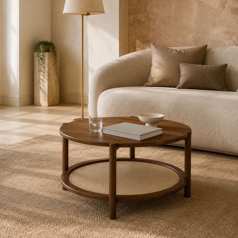 Enola Mango Wood and Rattan Cane Round Coffee Table