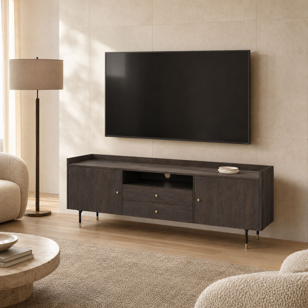 Myrna Mango Wood and Iron Low-Profile Media Unit - Walnut Finish