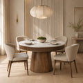 Gabe Round Brown Marble Top 4-Seater Dining Table with Conical Mango Wood Base