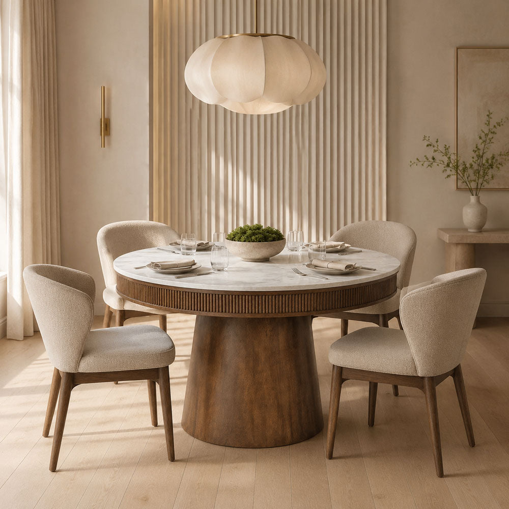 Gabe Round Brown Marble Top 4-Seater Dining Table with Conical Mango Wood Base
