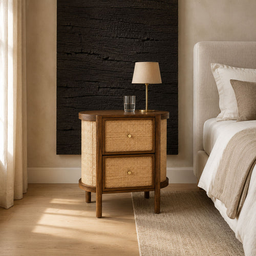 Bowen Mango Wood and Rattan Cane Bedside Table with 2 Drawers - Brown