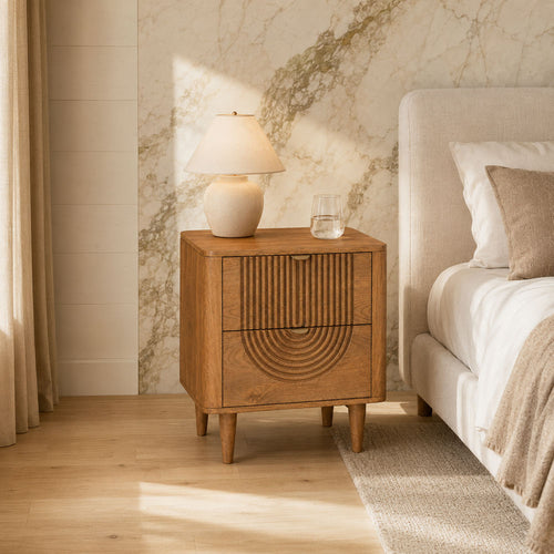 Aviso Mid-Century Mango Wood Bedside Table with 2 Drawers - Honey Finish