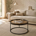 Paxton Mango Wood & Cane Round Coffee Table with Black Metal Base