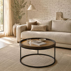 Paxton Mango Wood & Cane Round Coffee Table with Black Metal Base