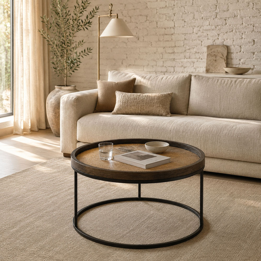 Paxton Mango Wood & Cane Round Coffee Table with Black Metal Base