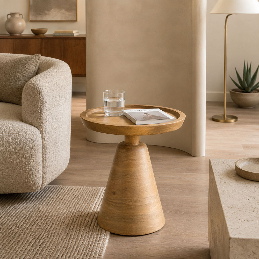 Kira Mango Wood Side Table - Round Tabletop with Conical Pedestal Base