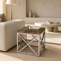 Rumi Reclaimed Wood Square Side Table with Glass Top and Stainless Steel Base
