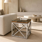 Rumi Reclaimed Wood Square Side Table with Glass Top and Stainless Steel Base