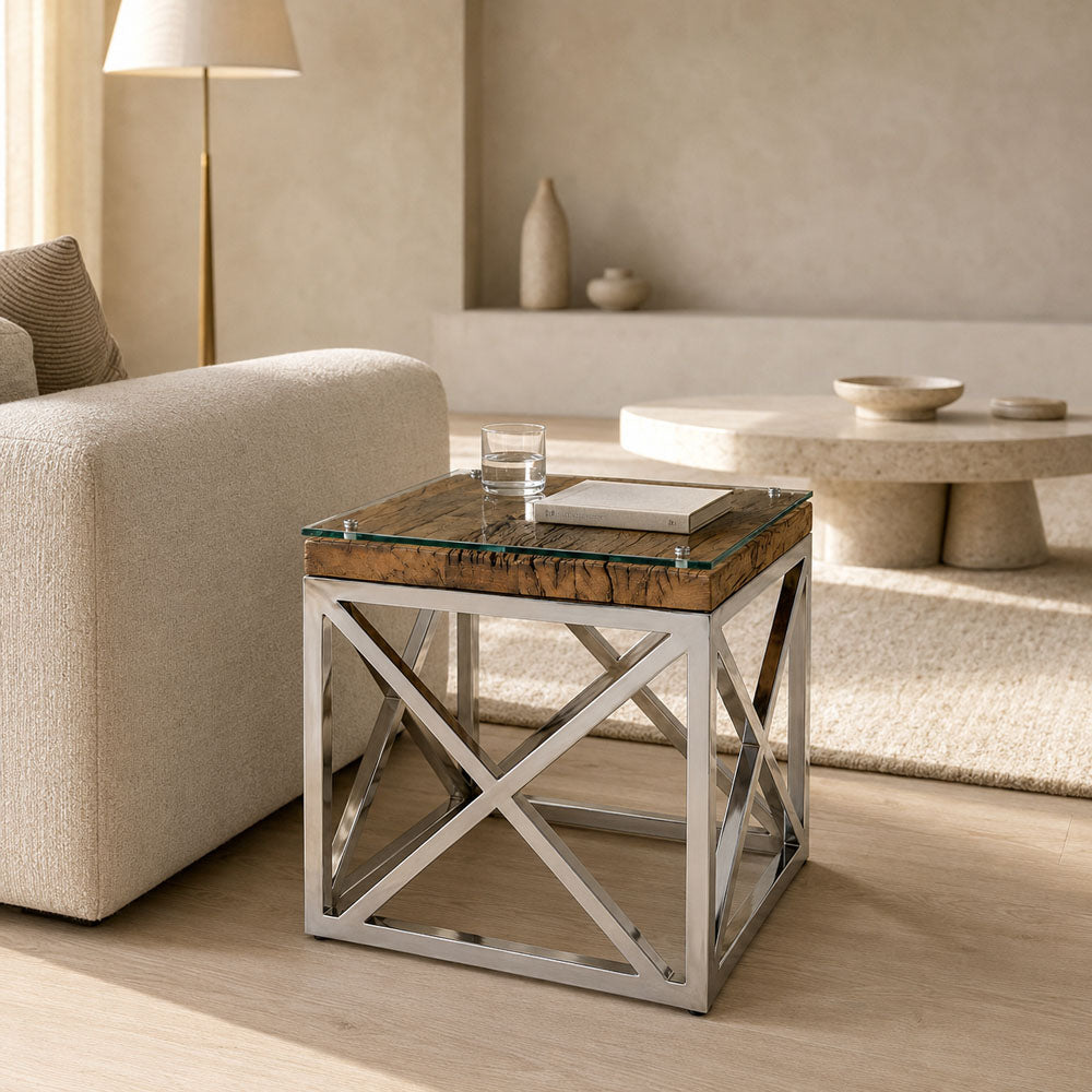 Rumi Reclaimed Wood Square Side Table with Glass Top and Stainless Steel Base