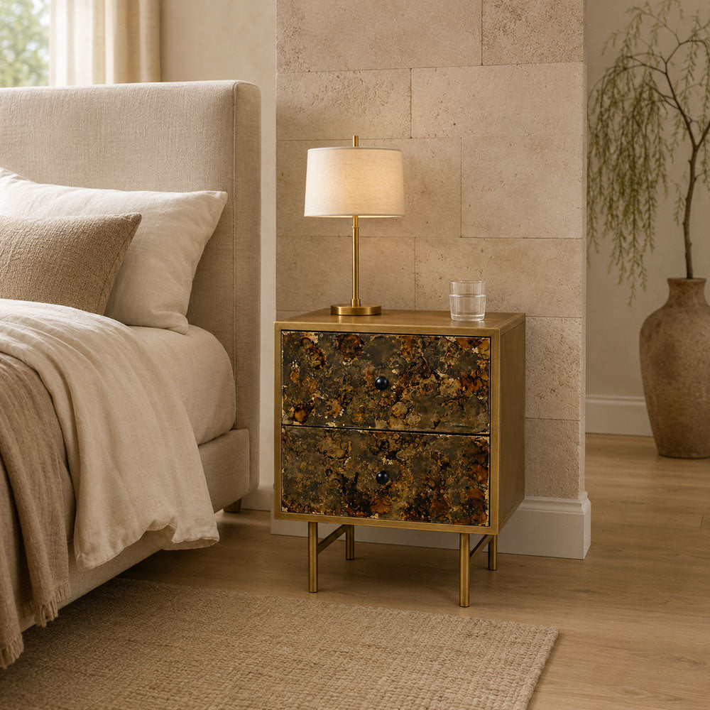 Luna Industrial Iron 2-Drawer Bedside Table | Gold Finish
