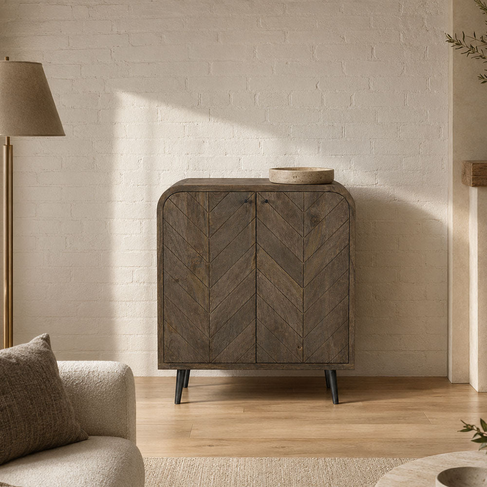 Bimini Mango Wood Two Door Storage Cabinet with Parquet Patterns and Metal Legs