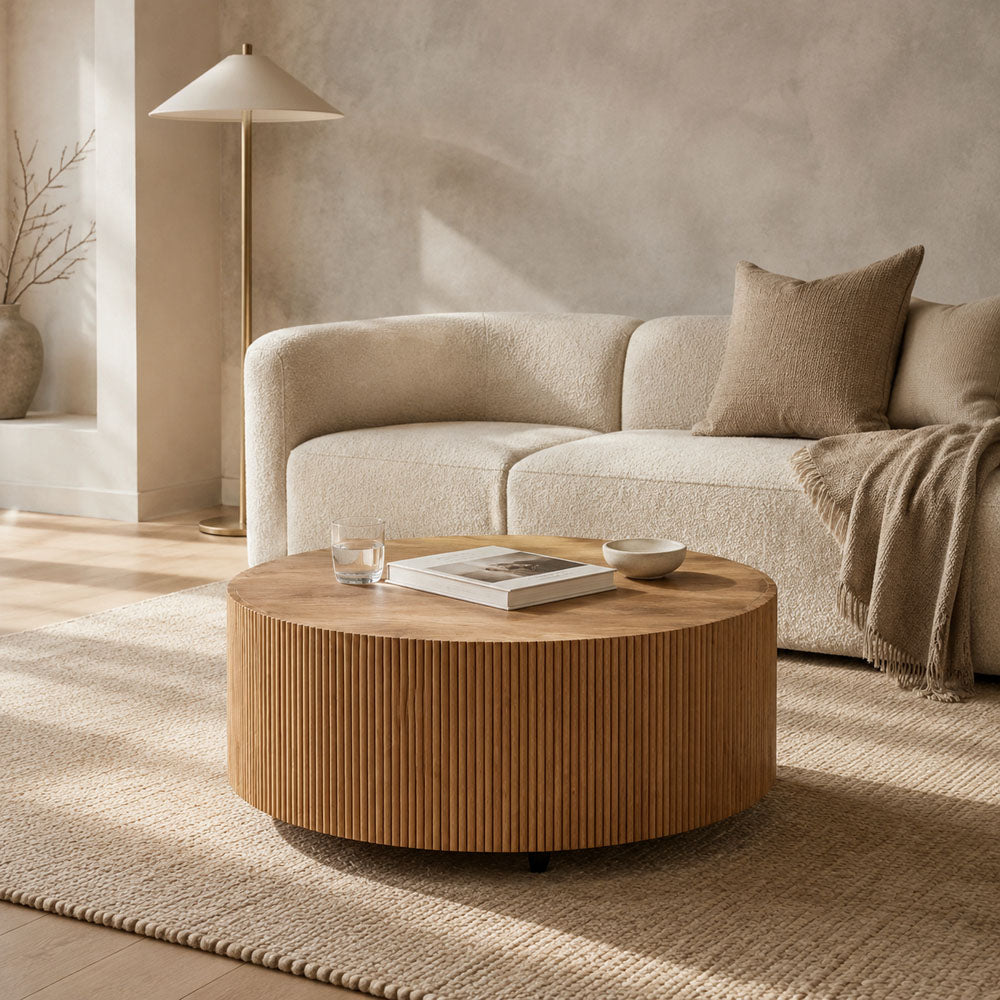 Michelle Solid Mango Wood Round Drum Coffee Table - Honey Finish
