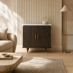 Celine Mango Wood and Marble Top 2-Door Storage Cabinet - Walnut Finish