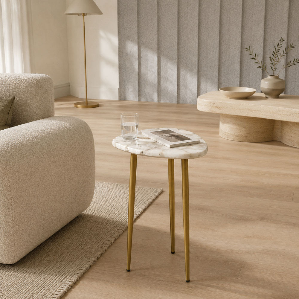 Corin White Agate Side Table with Gold Metal Base - Compact Accent End Table for Living Room