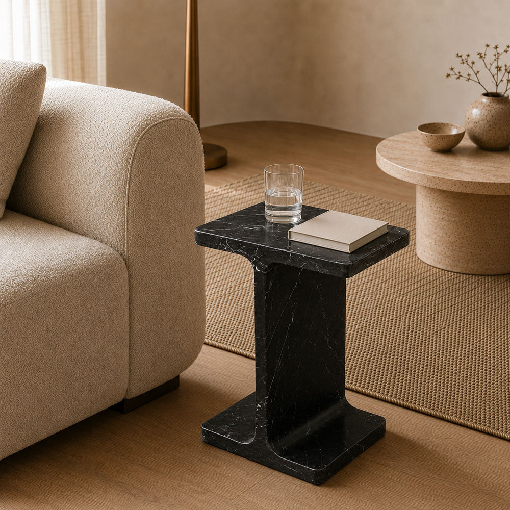 Julian Solid Black Marble Side Table - Bold Sculpted Accent Piece