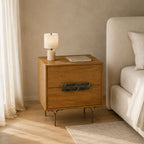Belmont Walnut Mango Wood 2-Drawer Bedside Table with Green Marble Handles