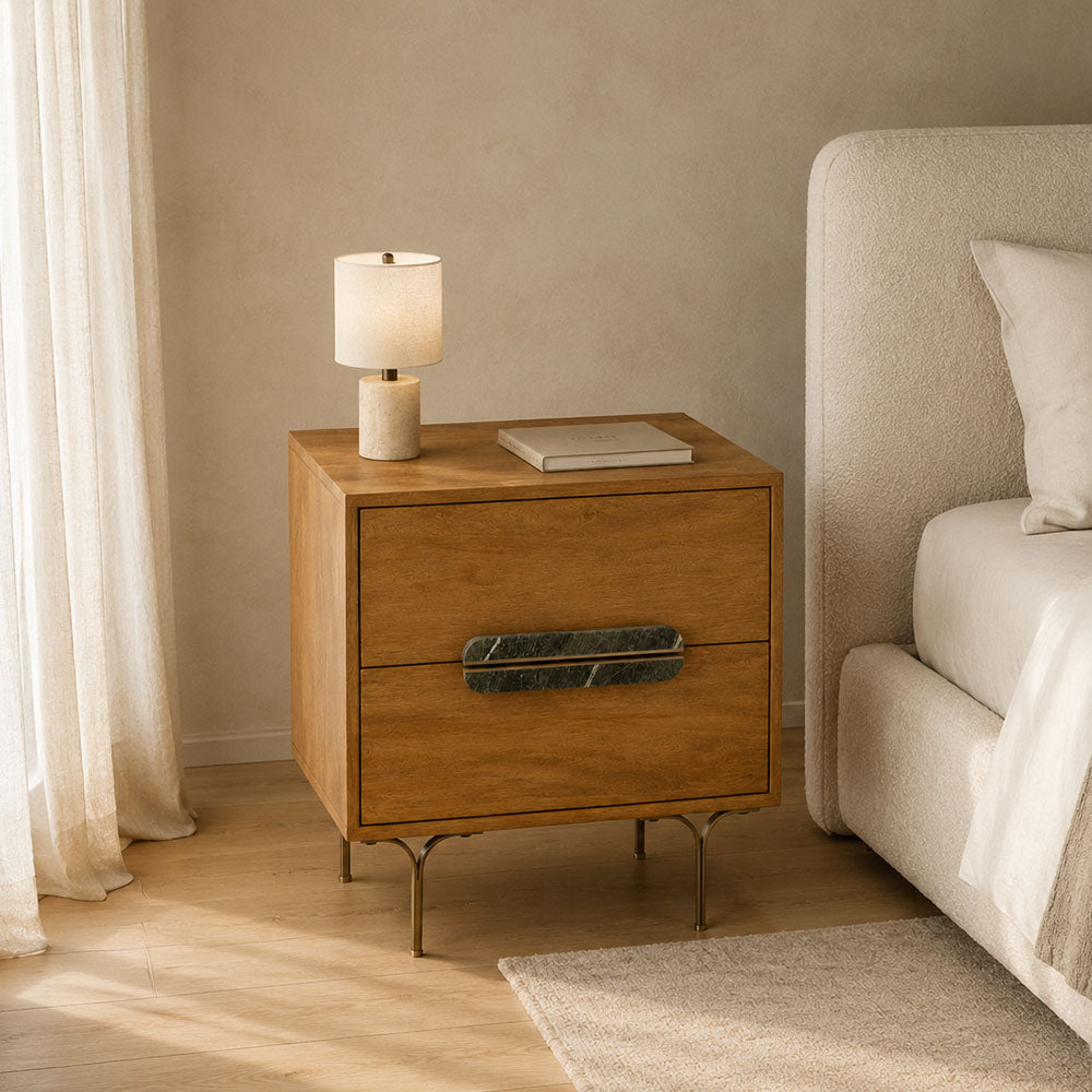 Belmont Walnut Mango Wood 2-Drawer Bedside Table with Green Marble Handles