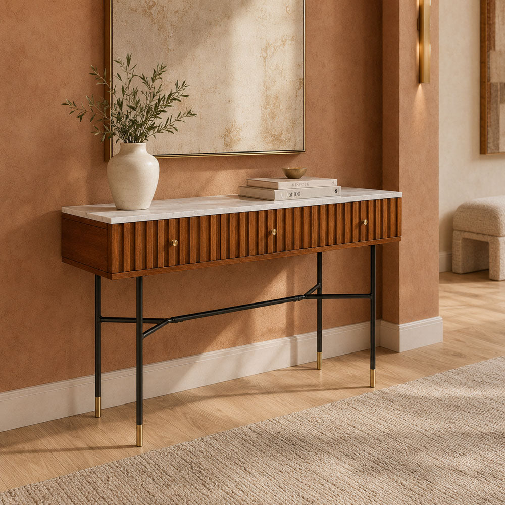 Madison Mango Wood and Makrana White Marble Console Table with 3 Drawers