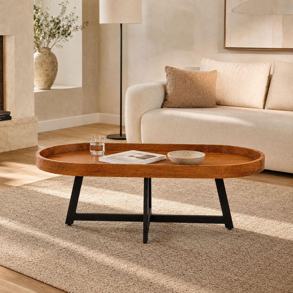 Sujin Mango Wood Oval Coffee Table with Black Cross-Leg Metal Base | Honey Finish