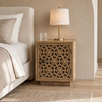 Nyla Solid Mango Wood Bedside Table with Floral Cut-Work Door - Natural Finish