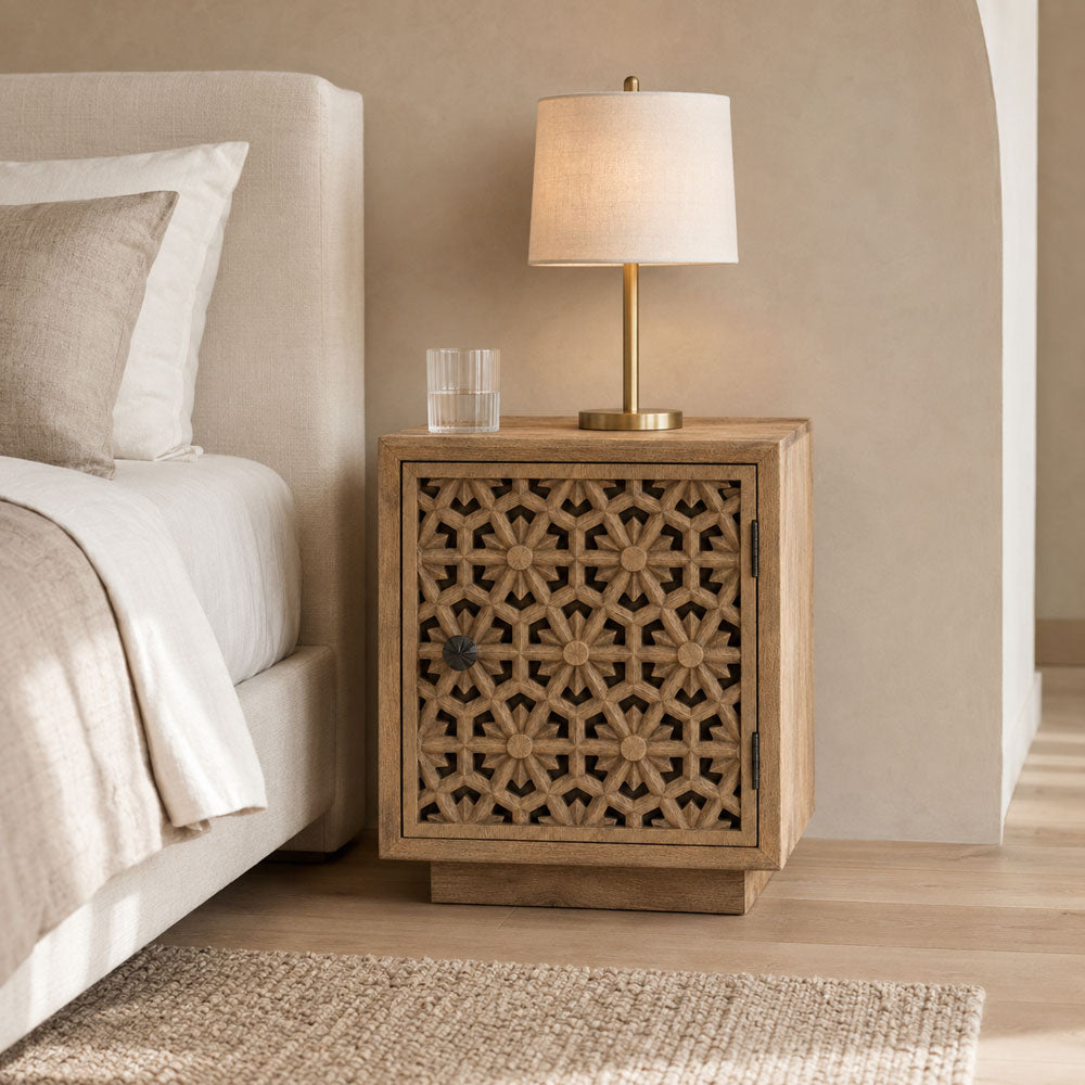 Nyla Solid Mango Wood Bedside Table with Floral Cut-Work Door - Natural Finish