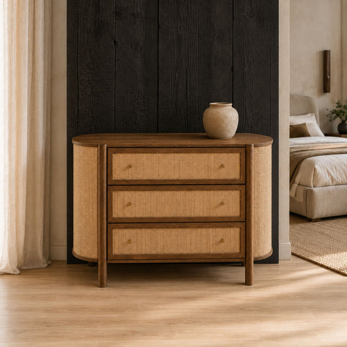 Bowen Mango Wood and Rattan 3-Drawer Chest | Brown
