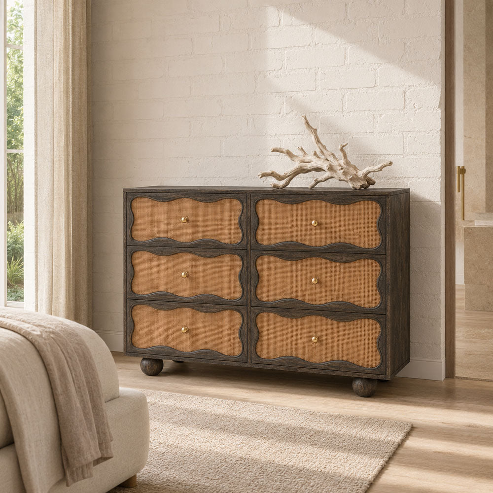 Paxton Mango Wood and Cane 6-Drawer Chest - Walnut Finish