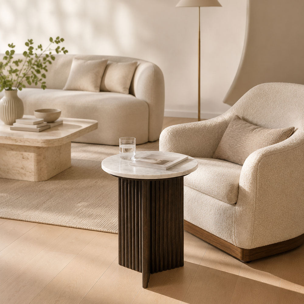Colette Mango Wood and Banswara Marble Geometric Side Table - Walnut Finish