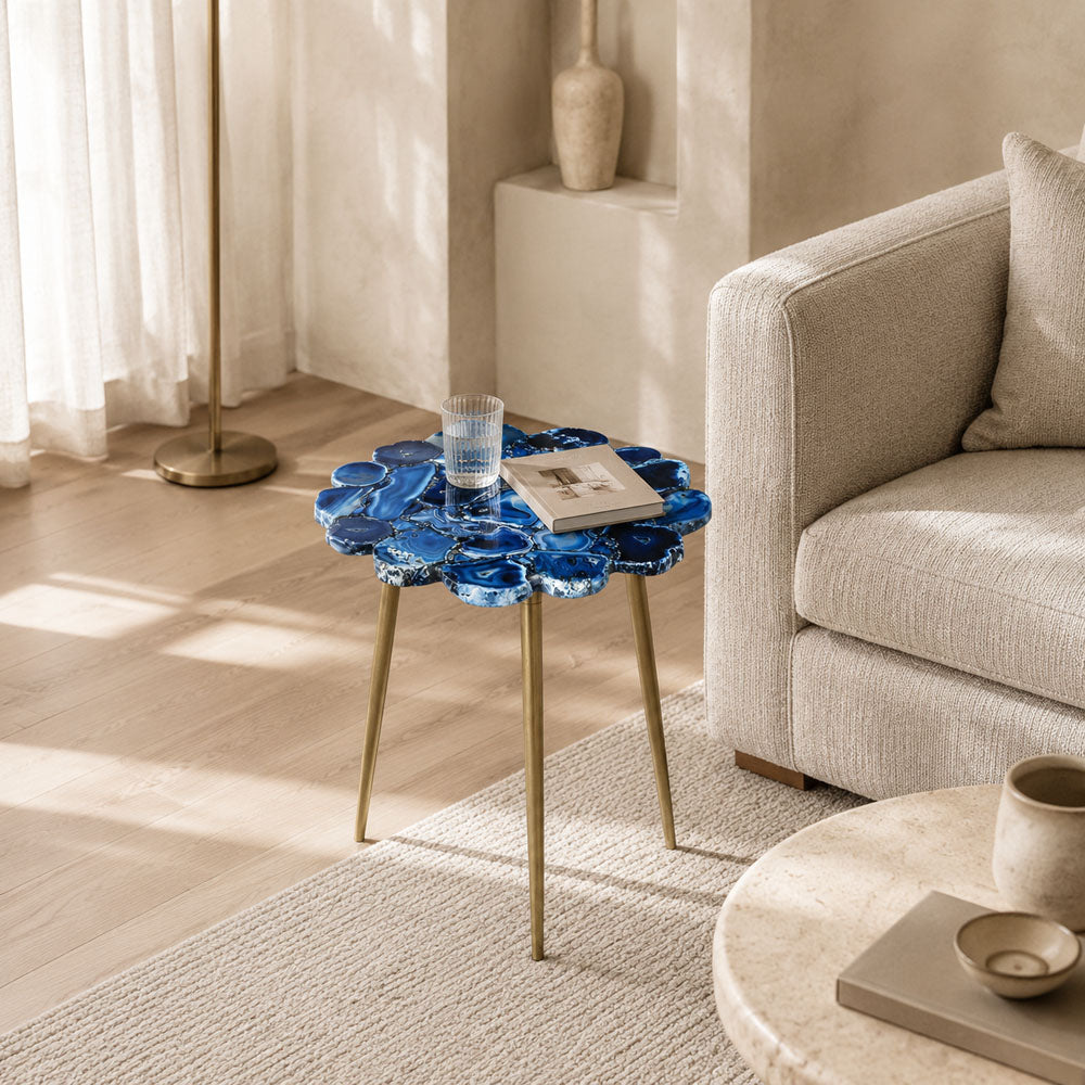 Dante Round Blue Agate Side Table with Gold Metal Legs