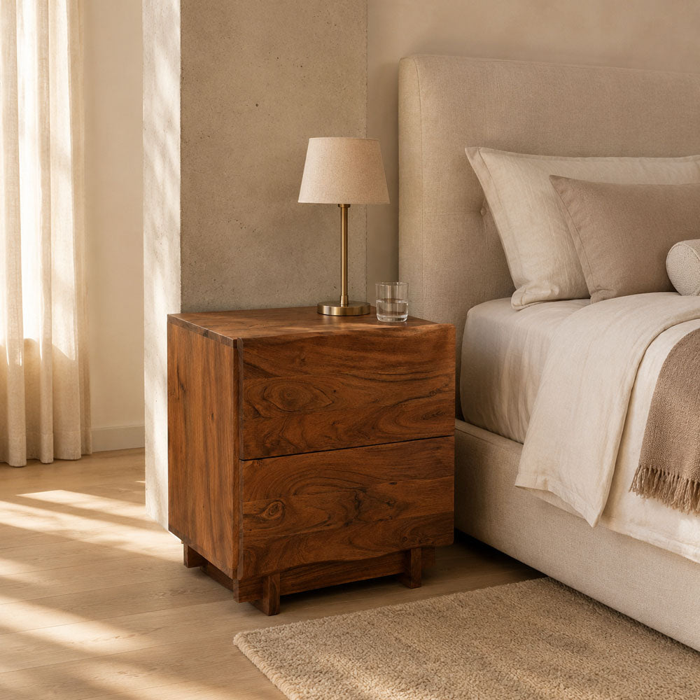 Cedar Rustic Solid Acacia Wood Two Drawer Bedside Table - Brown