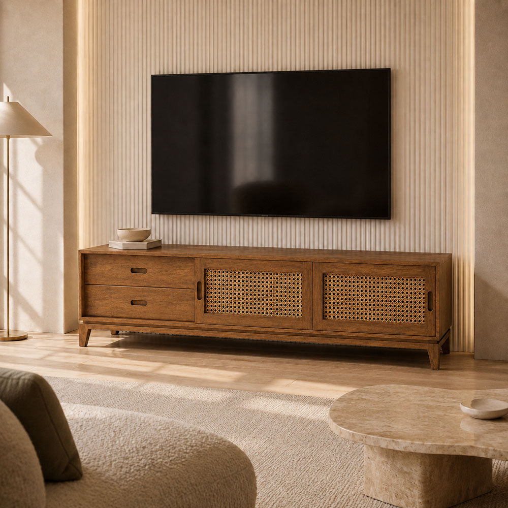 Andrew Mango Wood and Rattan Cane Media Unit - Brown Woven Texture TV Stand