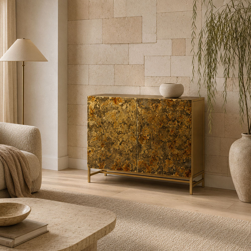 Luna Two-Door Iron Cabinet with Metallic Gold Finish and Black Legs