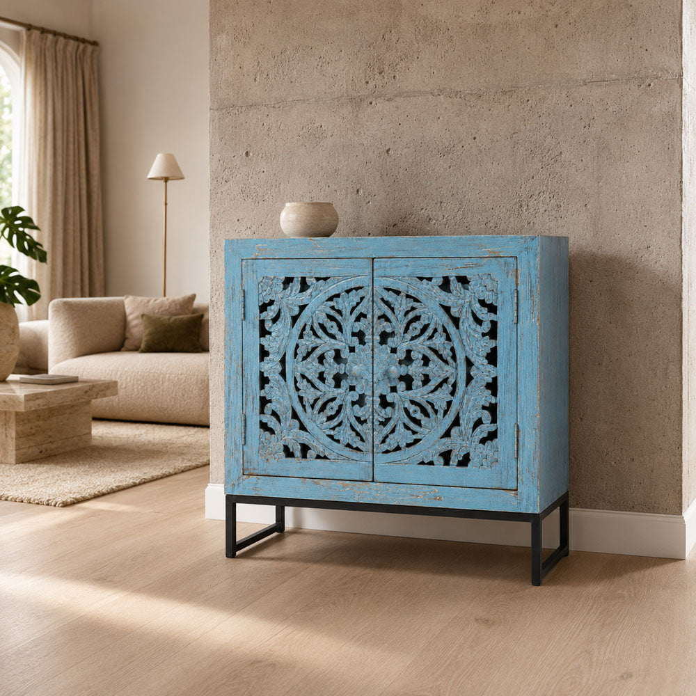 Sirena Blue Wash Mango Wood Two-Door Cabinet with Metal Base